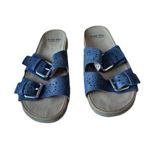 Earth Navy Double-Buckle Slide Sandals with Floral Perforation